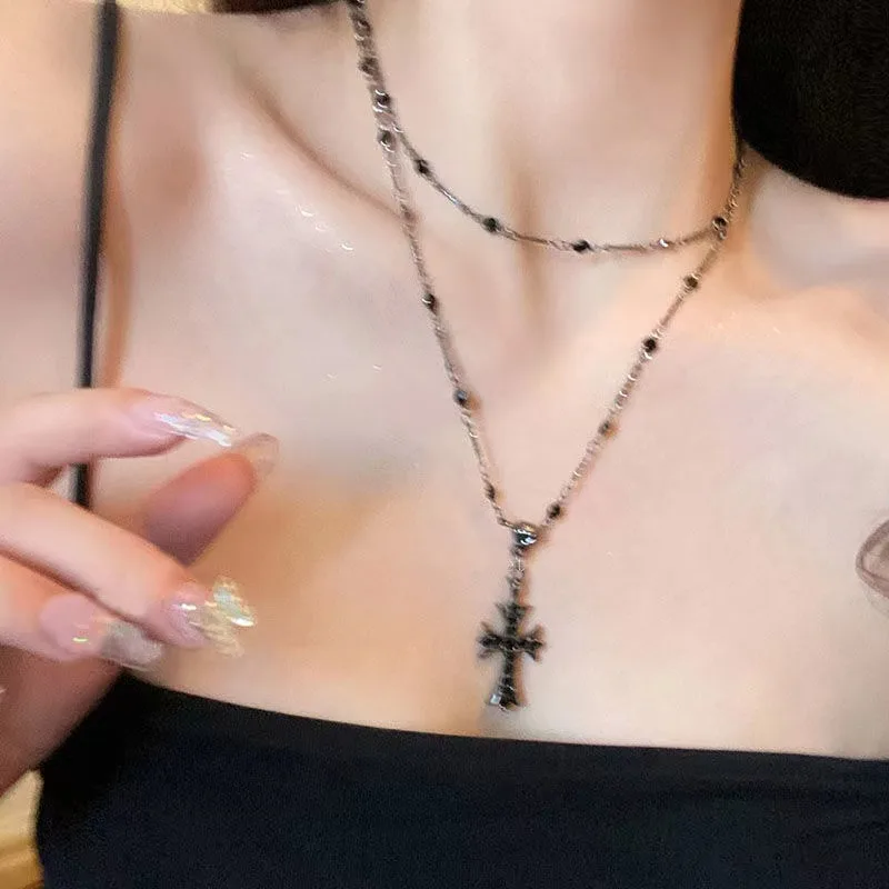 Gun Black Cross Necklace Sweet Cool Spice Girl Double Layered Stacking Collarbone Chain Female Premium Feeling Choker Necklace A