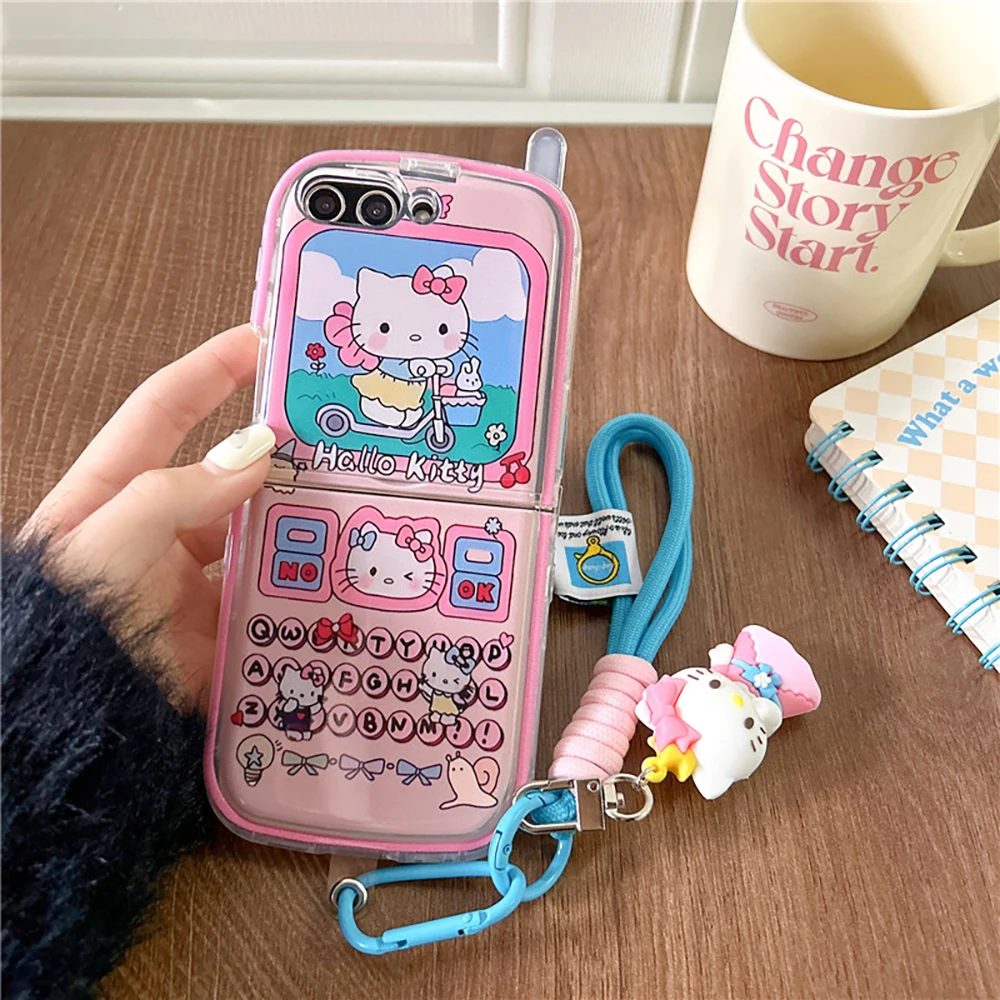 Cute Sanrio Hello Kitty Pochacco With Lanyard Phone Case for Samsung Galaxy Z Flip 3 4 5 5G PC Hard Anti-drop Back Cover Funda