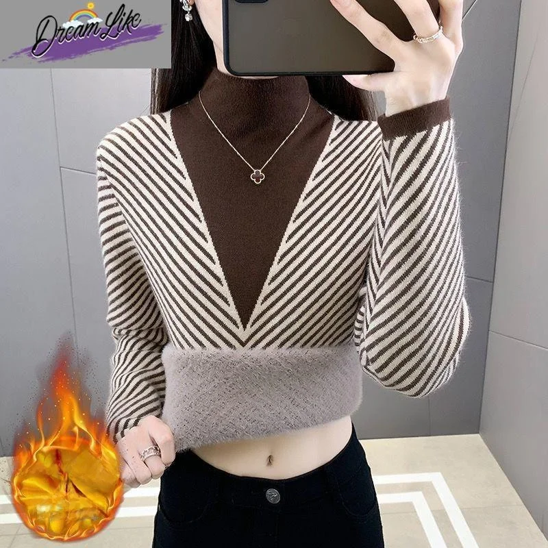 女性の厚みのあるフリースニットセーター秋冬ハーフハイカラーオーバーヘッドインナーウェア大きいサイズ暖かいベースレイヤートップ