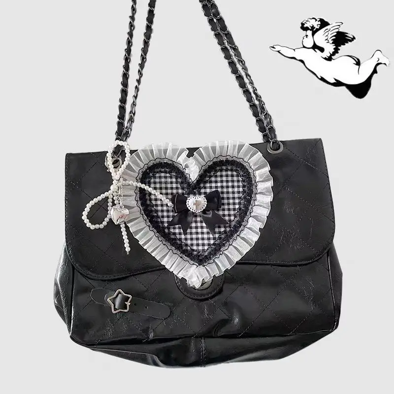 

Gothic Punk Crossbody Bag Y2k Lace Niche Chain HandBag Women Spicy Girl PU Large Capacity Shoulder Bag Student Crossbody Bag