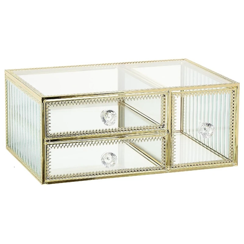 3 Drawer Organizer With Touch Of Gold, Great For Lipsticks And Brushes, Clear Visibility