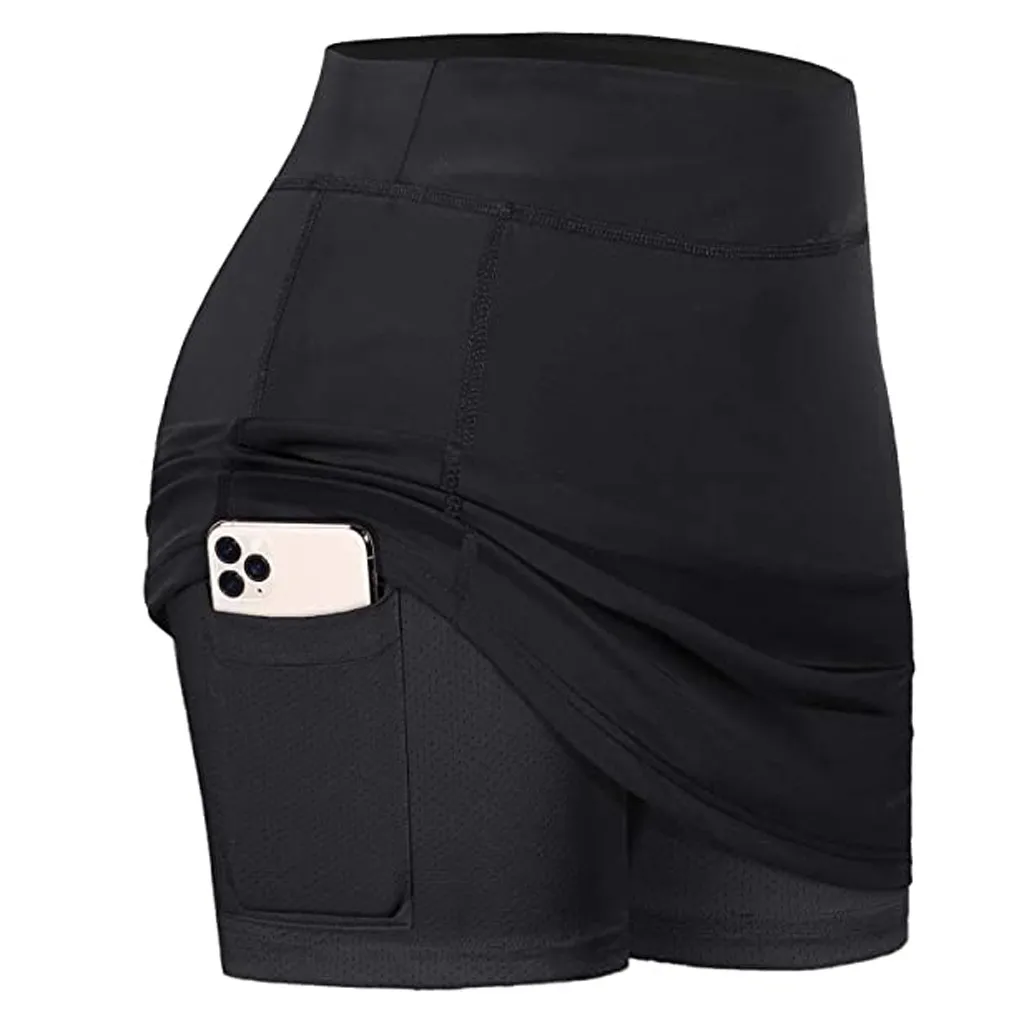 Women'S Tennis Skirts Run Yoga Inner Shorts Elastic Sports Pockets Skorts With Pockets Women'S Plus Size Double-Layer Shorts