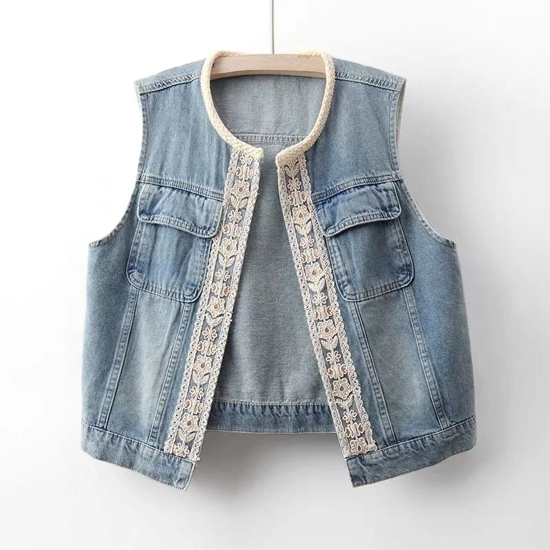 

Spring Summer New Fashion Crochet Lace Patchwork Denim Vest Women's Loose Sleeveless Cowboy Vest Jacket Top Ladies