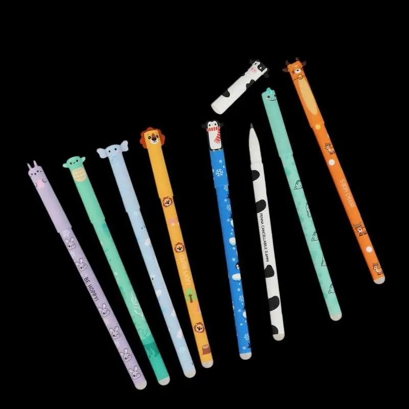 

8 шт., стираемые гелевые ручки с мультяшными животными, 0,5 мм, шариковые ручки с цветными чернилами, гладкое письмо, канцелярские принадлежности для офиса и школы