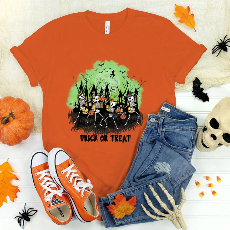 Camiseta de manga corta para mujer, camisa a la moda de Halloween, esqueleto, truco o trato, prémium