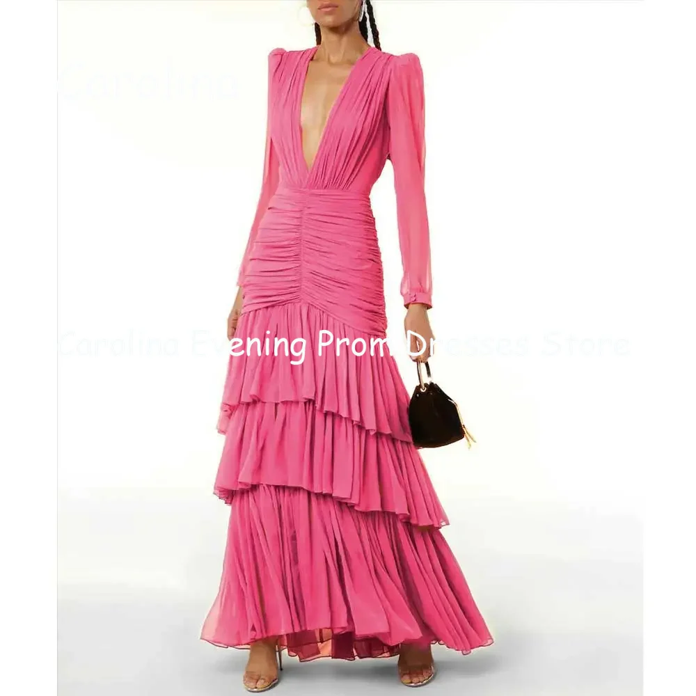 Carolina Chiffon A-line V-neck Arab Ruffle Prom Gown Ankle Length Saudi Evening Formal Elegant Party Dress for Women 2023