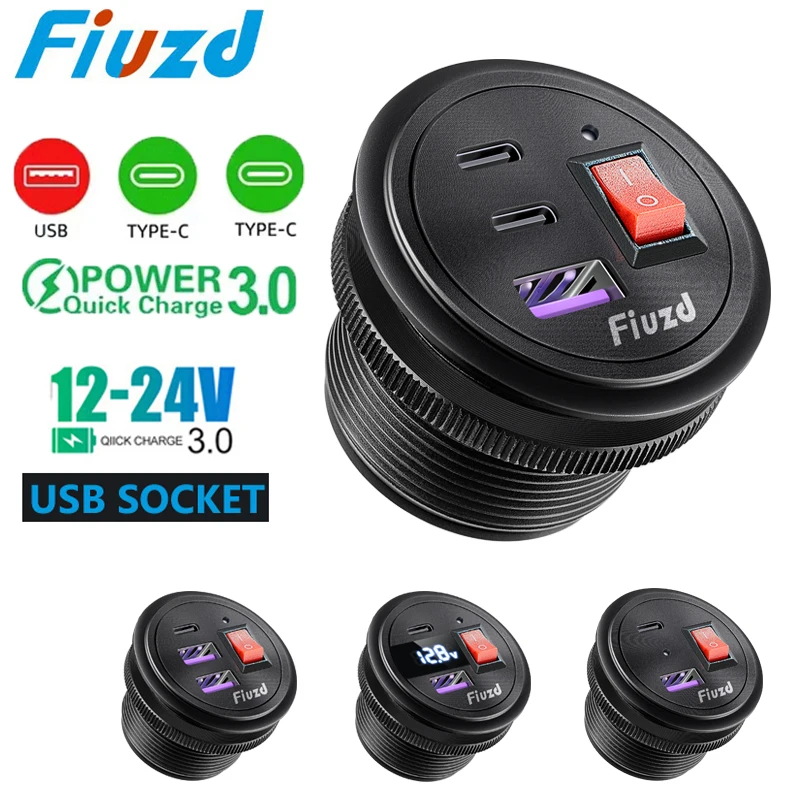 

12v 24v usb socket Car Charger PD3.0 & QC3.0 Double USB C Ports with LED Switch 54W Fast Charging 12V/24V For Moto Adapter