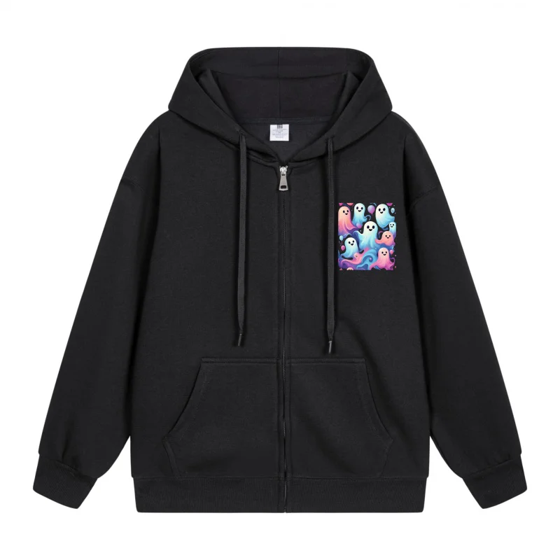

Men's Zip-Up Hoodie Colorful Ghosts On Black Hoodie Halloween in 2025 Casual Couples’ Style Halloween Theme Halloween Party Out