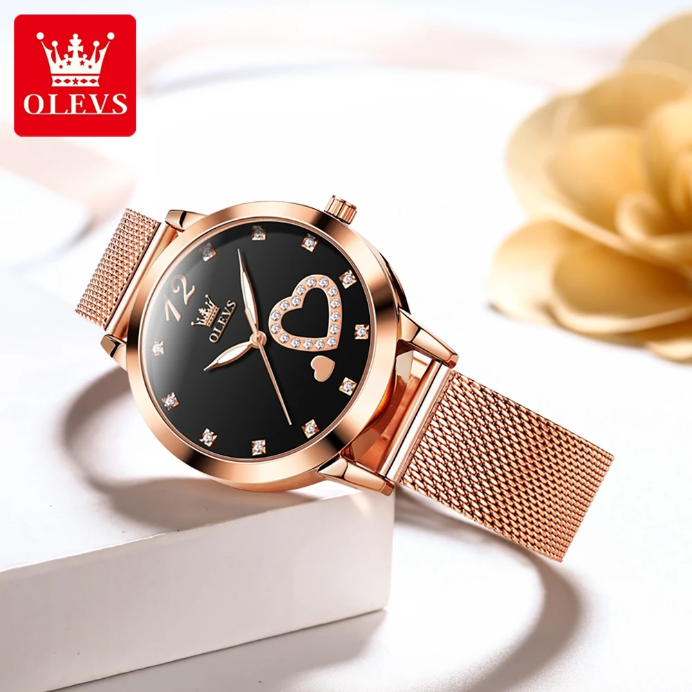 OLEVS 5189 Top Quartz Watch for Women Mesh Steel Strap Heart Design Waterproof Watches Simple Fashion Elegant Ladies Wristwatch