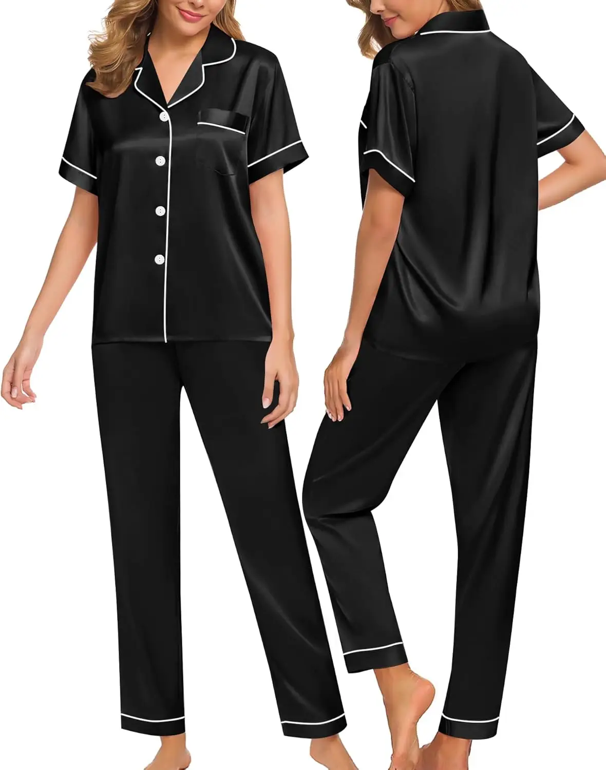 

Women Satin Pajamas Set Short Sleeve Top & Pants Sleepwear Silky Button Down Nightwear 2pcs Loungewear Pjs Set