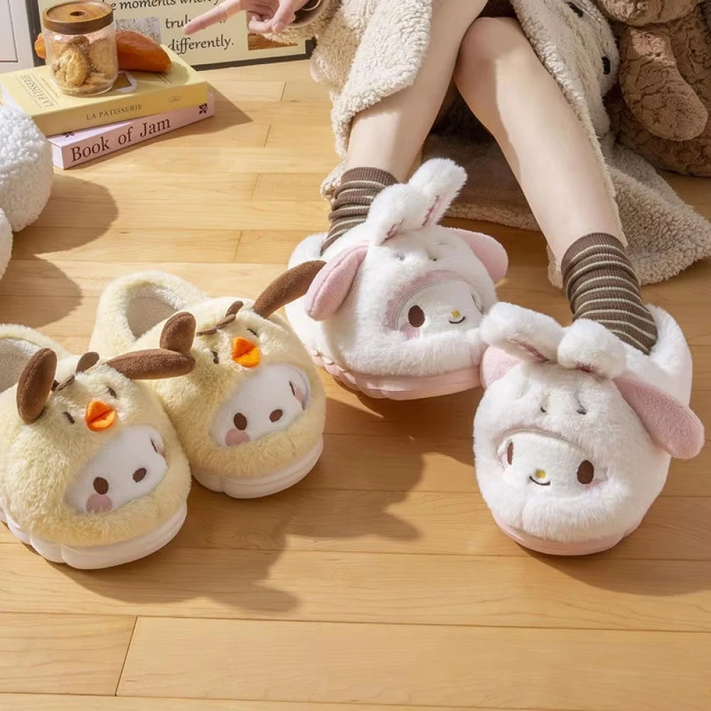 Anime inverno chinelos de pelúcia kuromi olá kitty cinnamoroll sanrioed kawaii dos desenhos animados bonito interior engrossar quente casa chinelos