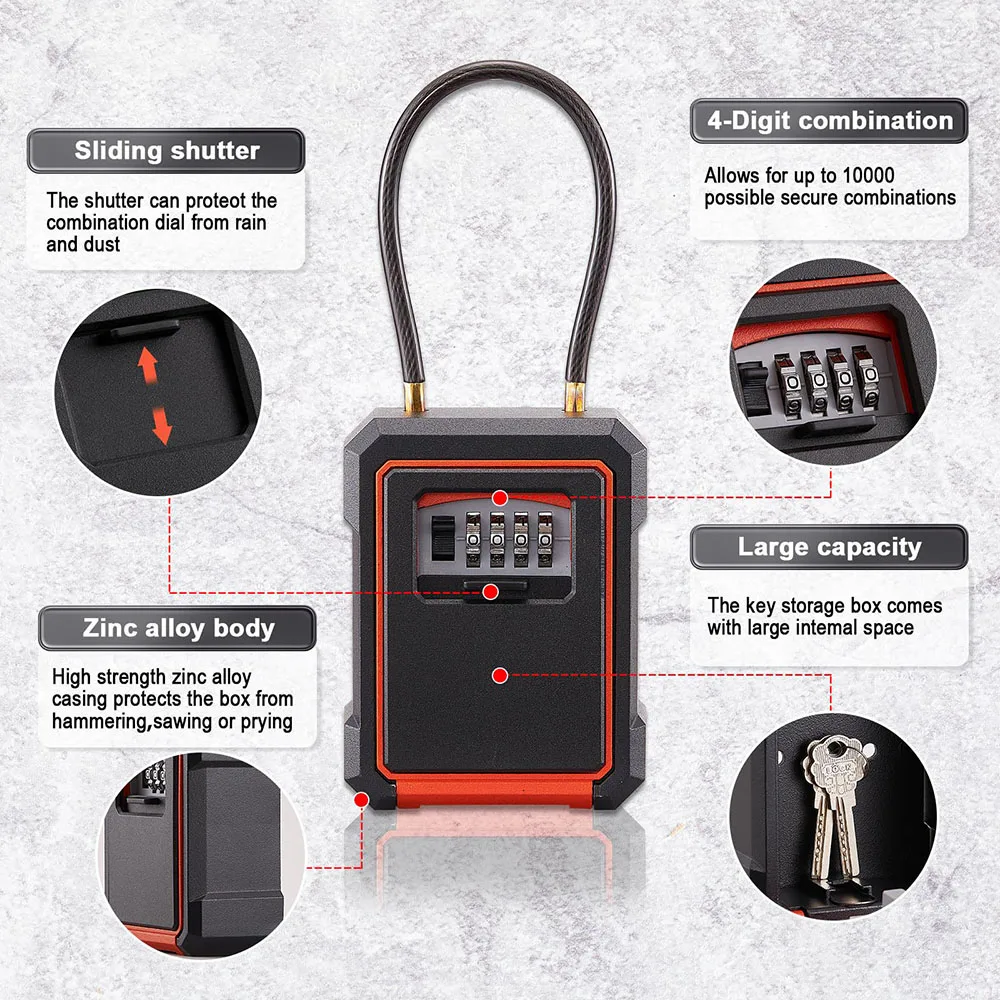 Stainless Steel Key Lock Box With Cables 4 Digits Key Lock Box with Resettable Lock Box With Cables Indoor Box for Outside