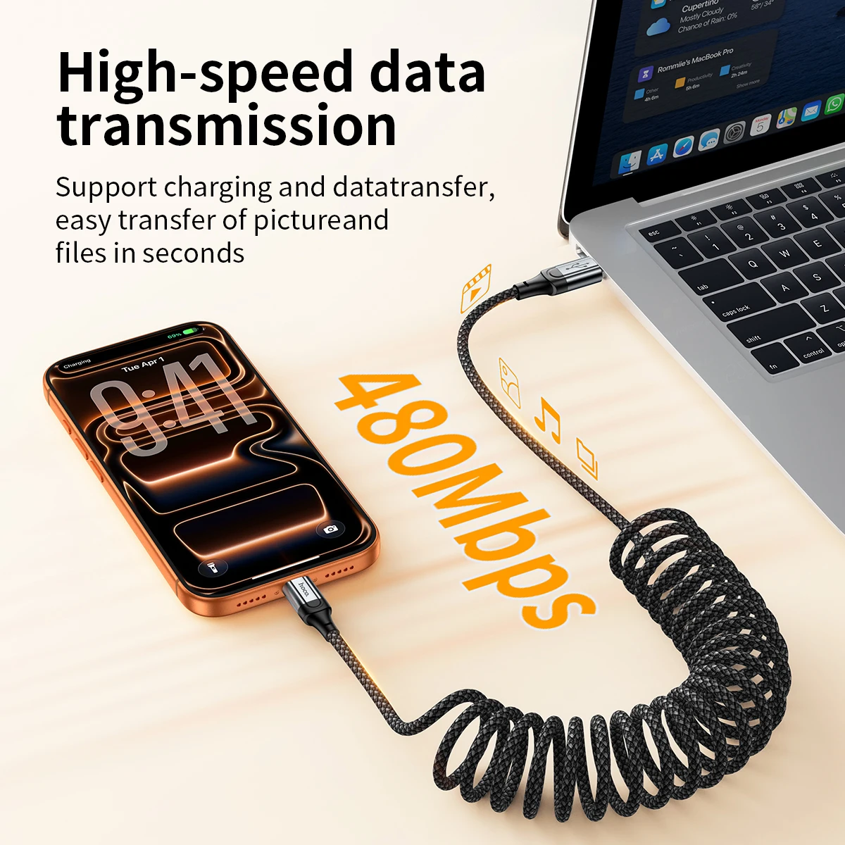 HOCO Spring USB C PD Fast Charging Cable For iPhone 16 15 USB A 3A Spring Telescopic Car Phone Wired Cord For Samsung S23 S24 25