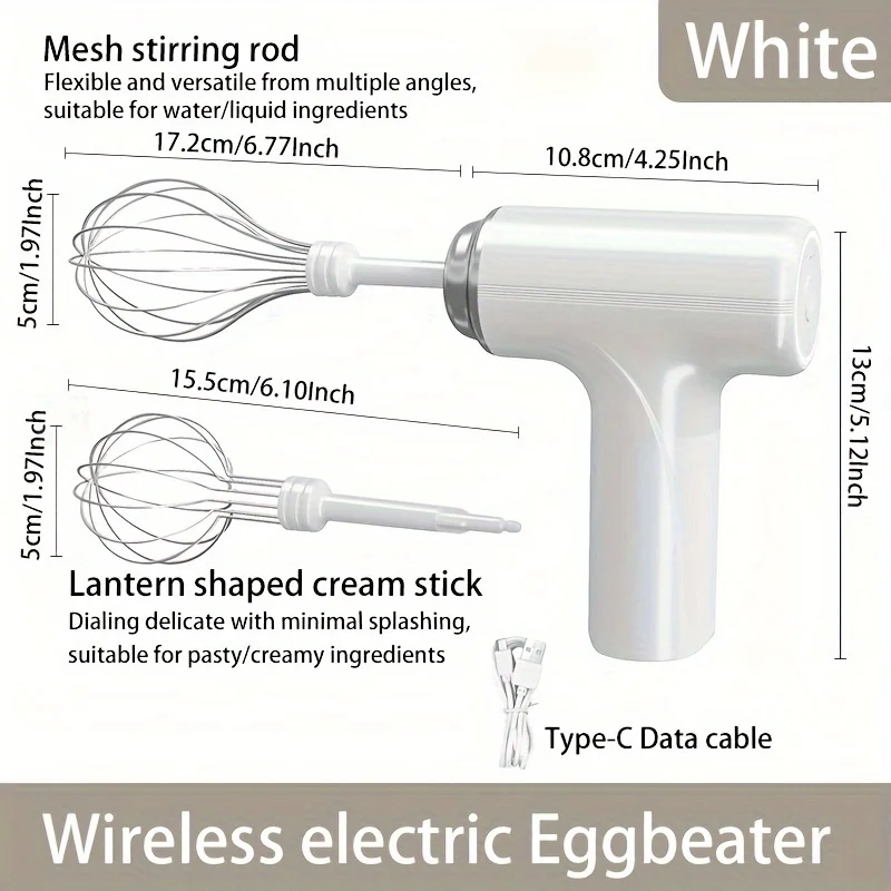 C0011-흰색 무선 전기 핸드 믹서, 스테인레스 스틸 거품기, 1050 RPM 모터, 배터리/USB 전원, 800Mah 충전식 리튬