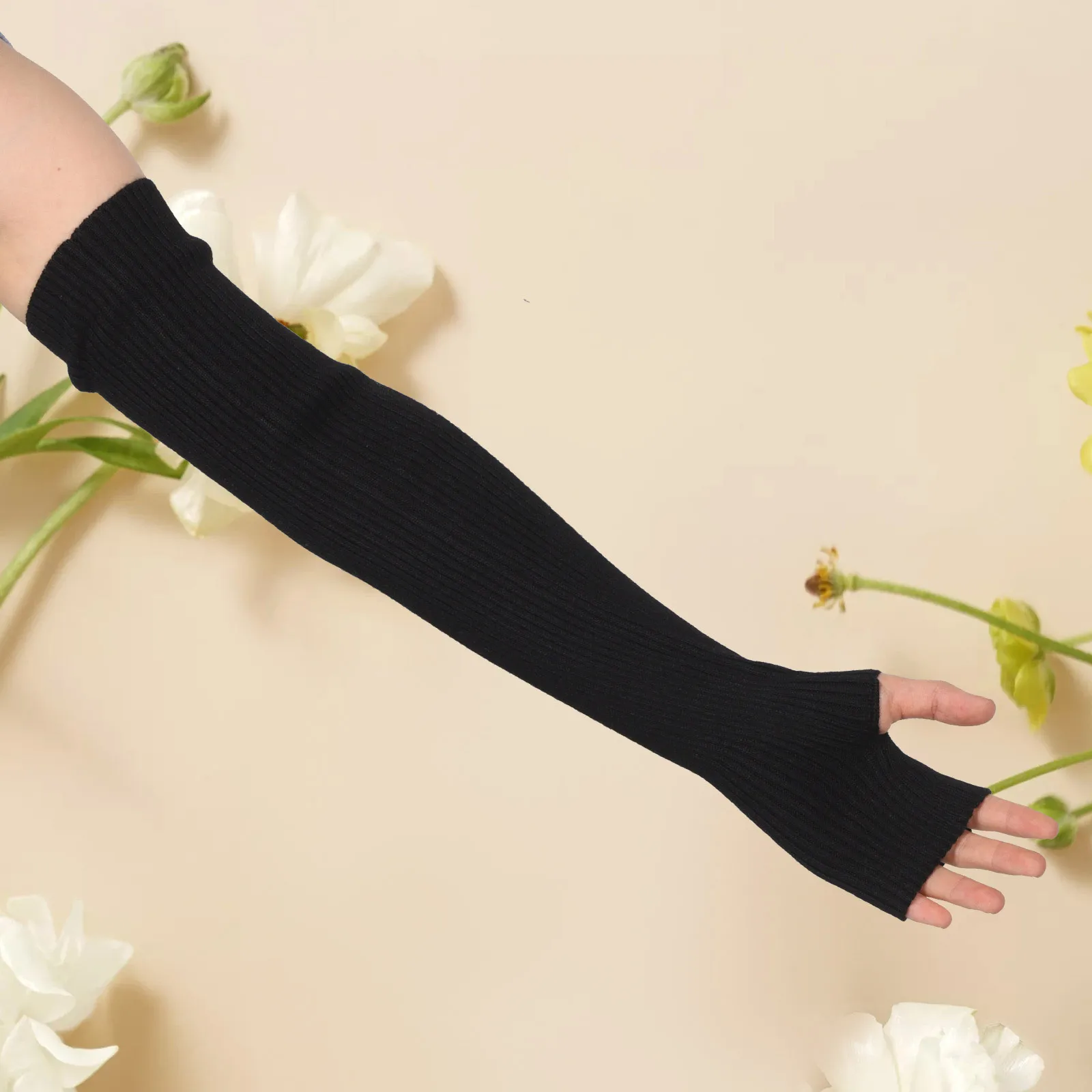 1 paire de chauffe-bras en laine, gants longs sans doigts, chauffe-poignet en tricot, trou pour le pouce, manches de bras souples pour femmes, automne hiver, temps froid