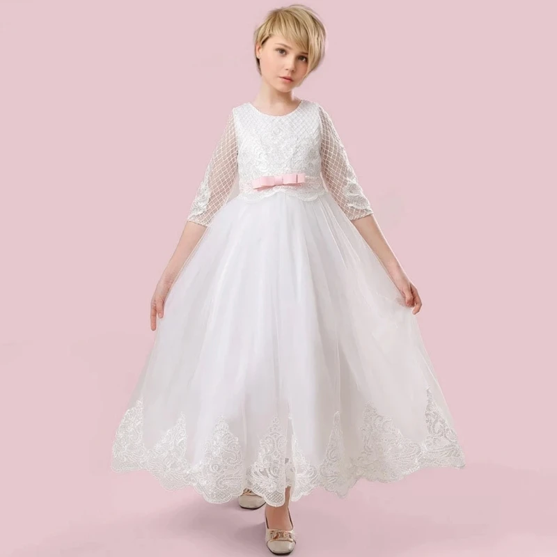 

White Flower Girl Dresses Tulle Flory Appliques With Bow Half Sleeve For Wedding Birthday Party Holy Communion Gowns