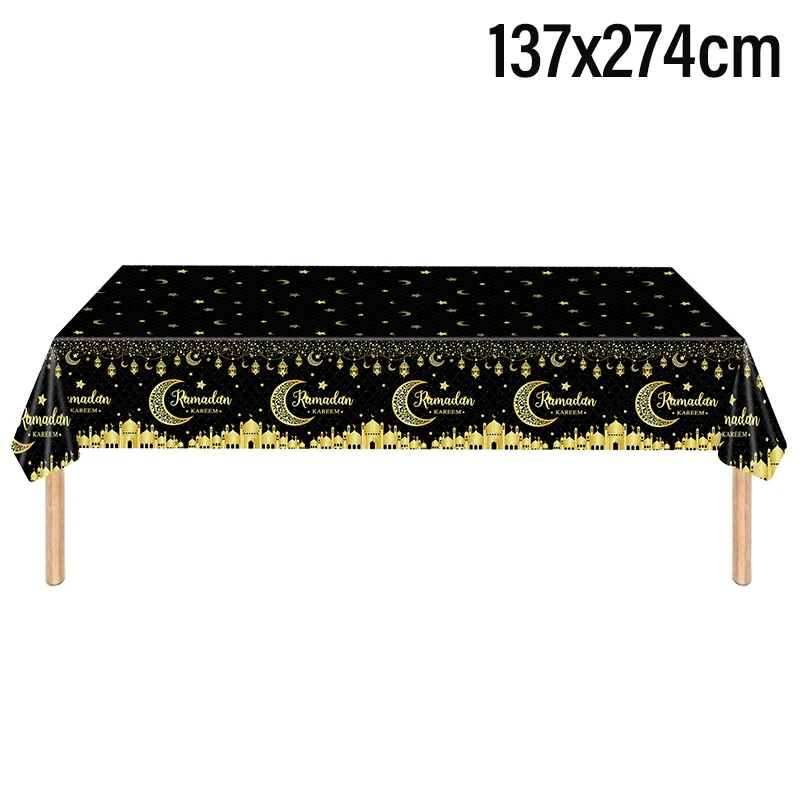 Ramadan Mubarak Disposable Tablecloth Gold Star Moon Mosque Pattern Waterproof Tablecloth Eid Mubarak Party Dinner Table Decor