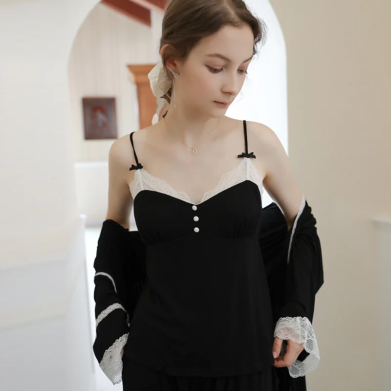 

Women Pajamas Ladies Pink Sleepwear Simple Leisure Pyjamas 3pcs Long sleeve Robe Camisole Pajamas INS Fashion