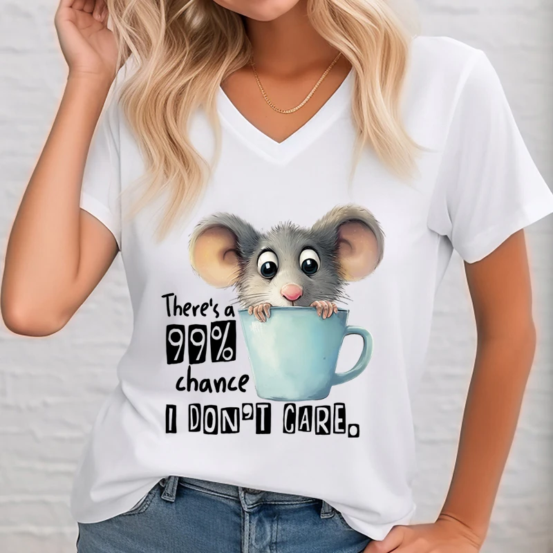 There\'s A 99% Chance I Don\'t Care Print T Shirt Women Funny Humor Animal Opossum Quotes Tops Camisas Cartoon Lady V-Neck Tshirt