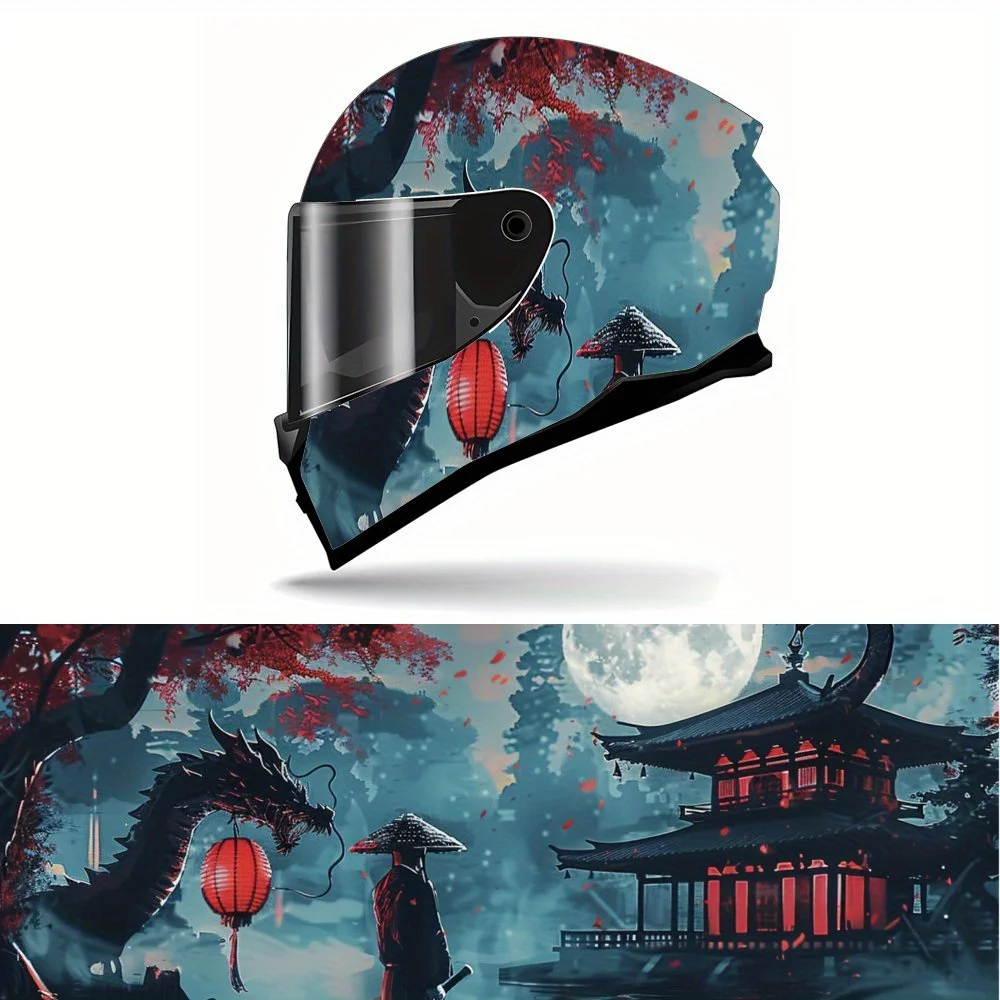

Japanese Architecture Red Maple Leaf Dragon and Warrior PVC Motorcycle Helmet Vinyl Wrap, Self-Adhesive Waterproof Sticker, Anti