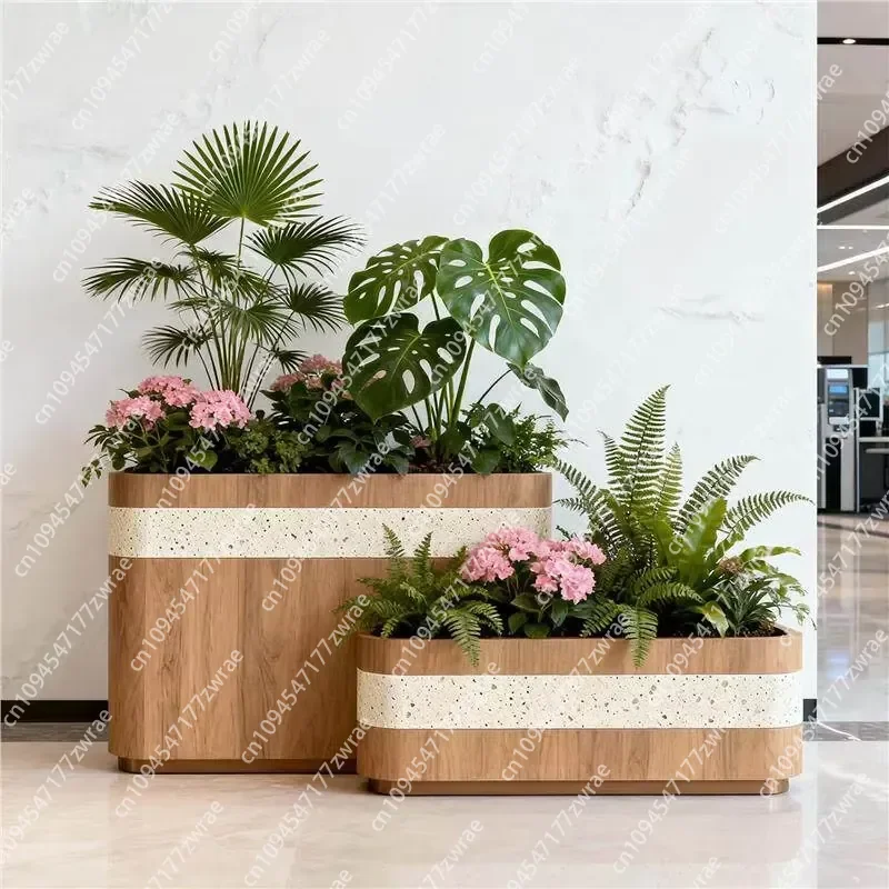 Outdoor Stainless Steel Galvanized Wood-Grain Flower Boxes Planters-Rust-Proof Light Luxury Commercial Street Ready-Made
