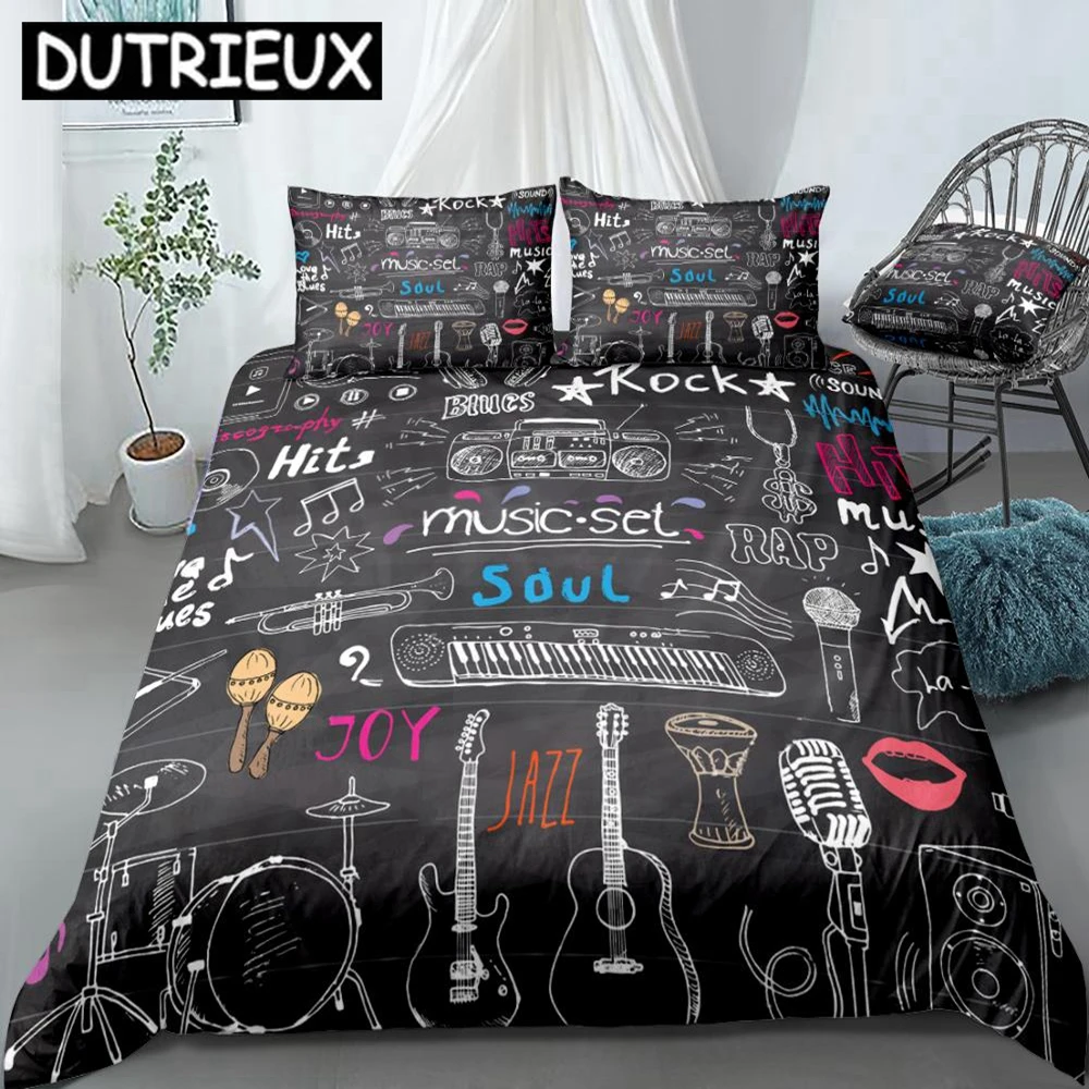 

Queen Size Music Duvet Set - Black, Rock Music Quilt, Microphone & More - Dropship