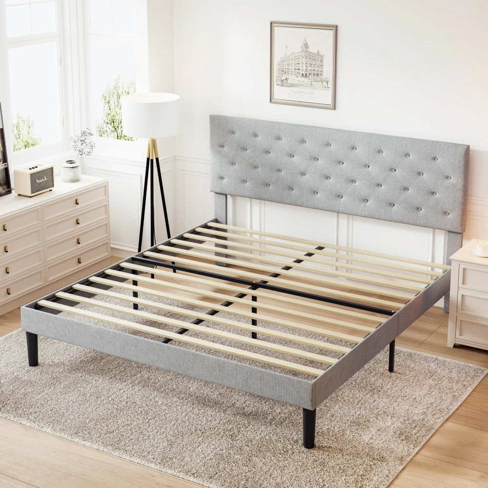 

Simple Queen Size Grey Bed frame, Adjustable Headboard