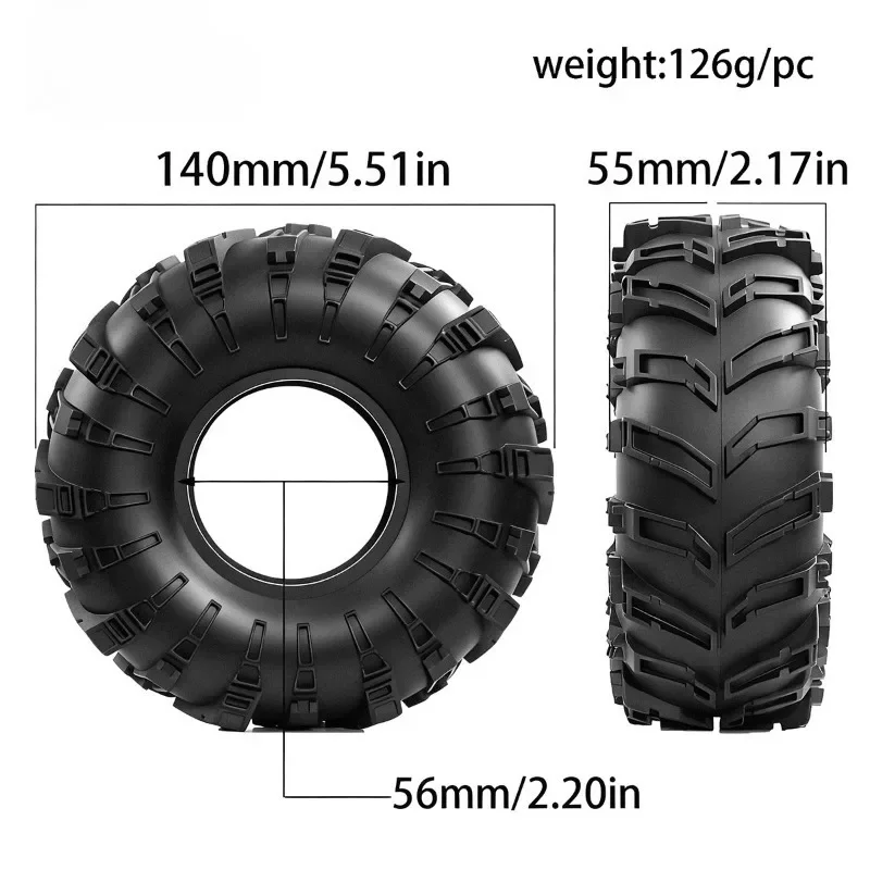 

4pcs 2.2 Inch The Hellhounds Rubber Tires 140x55mm For 1/8 1/10 Rc Crawler Wraith Rr10 Scx10 H8h Wrangler 2.2 off-road Tire