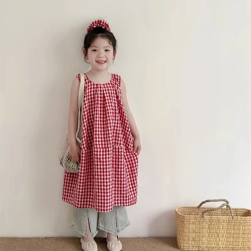 

Girls Dress 2026 Spring Summer New Childrens Clothing Korean Style Girl Baby Plingham Sleeveless Sundress with Hair Band