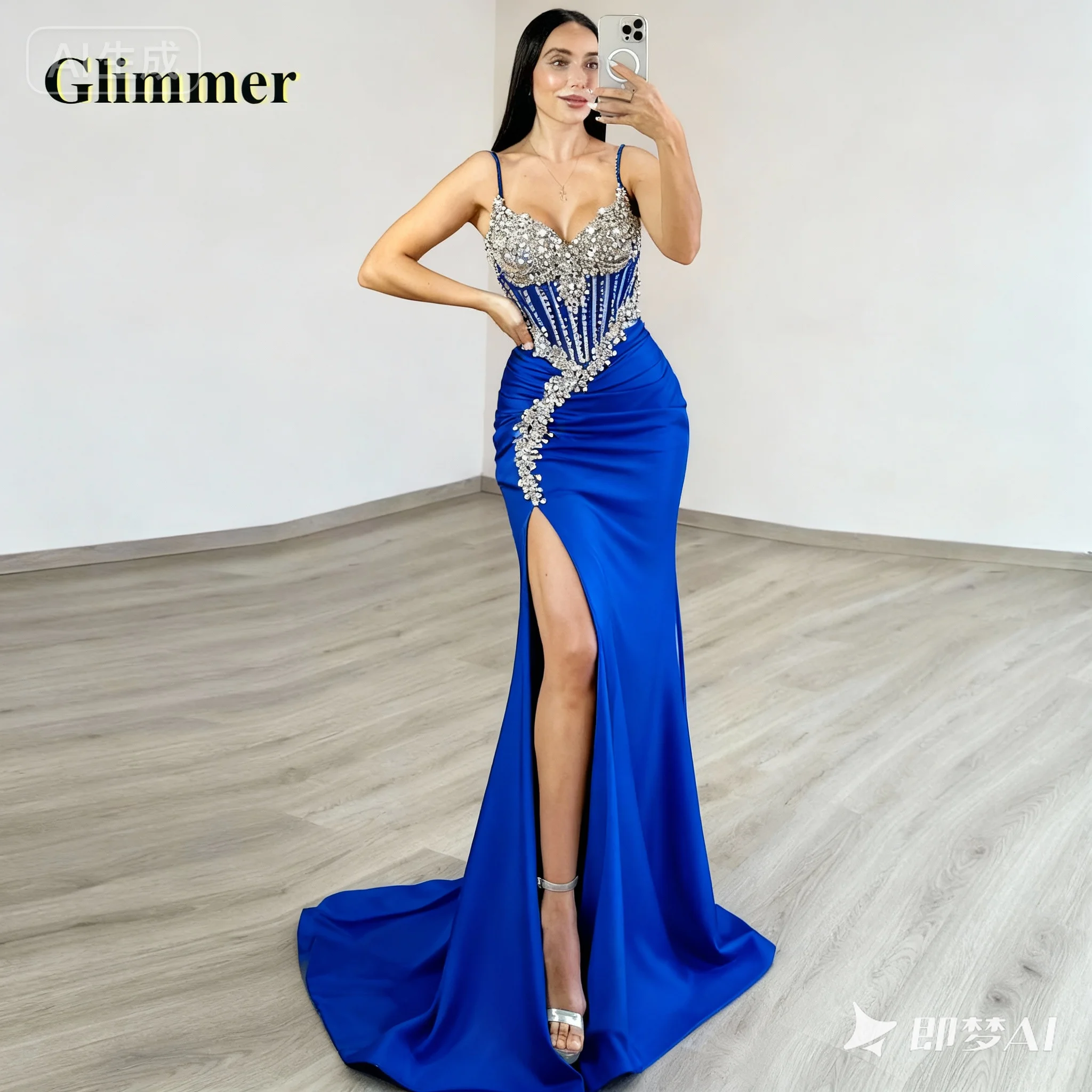 Glimmer Fancy Trumpet Prom Dresses 2025 Woman with Rhinestones Spaghetti Straps High Slit Pleat Robes De Soiree Customized