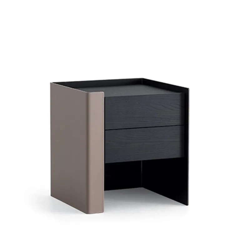 Italian minimalist saddle leather haute couture bedside table modern minimalist high-end bedroom smoked solid wood bedside cabin