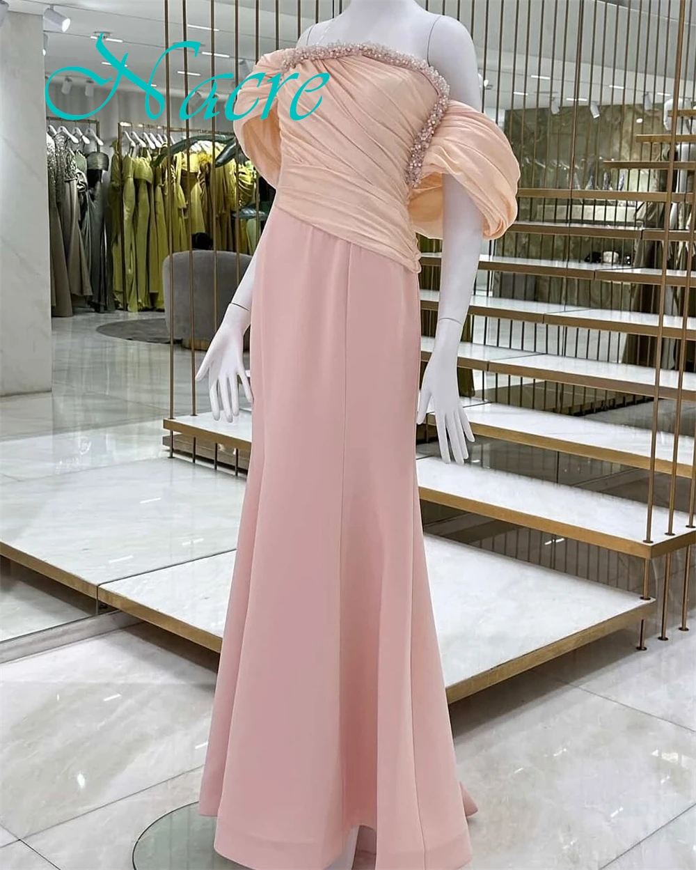 カスタマイズされたフォーマルジャージストラップレスイブニングドレス繊細な真珠ウエディングドレス高級オフショルダー特別な日のドレス