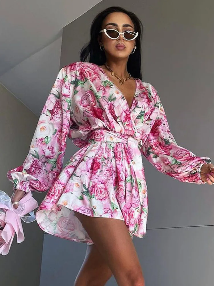 Mozision Lantern Sleeve Print Mini Dress For Women Fashion V Neck Long Sleeve Lace Up High Waist Pleated Dress Elegant Dresses