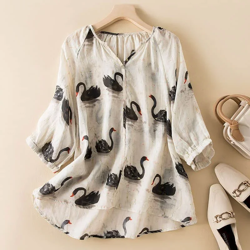 

Блузки для женщин, пуловер с короткими рукавами, винтажный хлопковый льняной принт с лебединым принтом, свободная повседневная корейская модная блузка с v-образным вырезом, женские топы