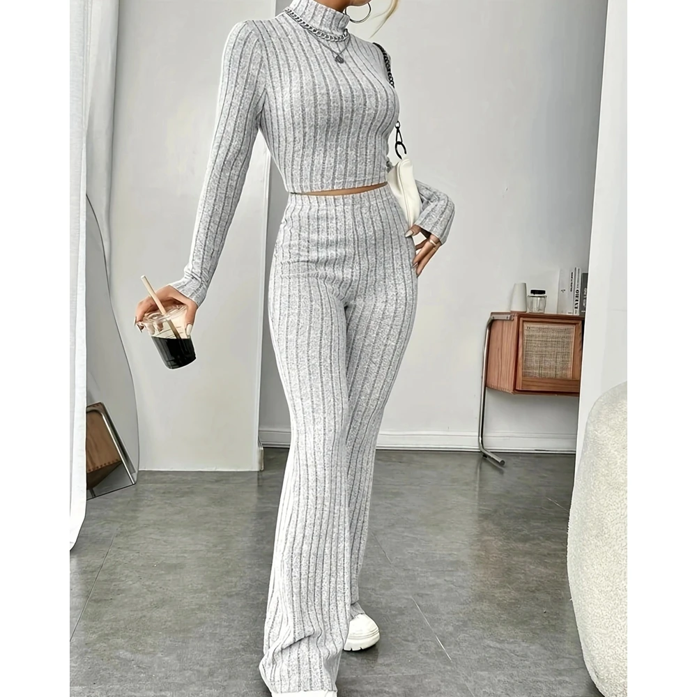 Autumn Elegant Women Long Sleeve Mock Neck Knitted Top & High Waist Flared Pants Set Causal Ribbed Two Pieces Set Streetwear