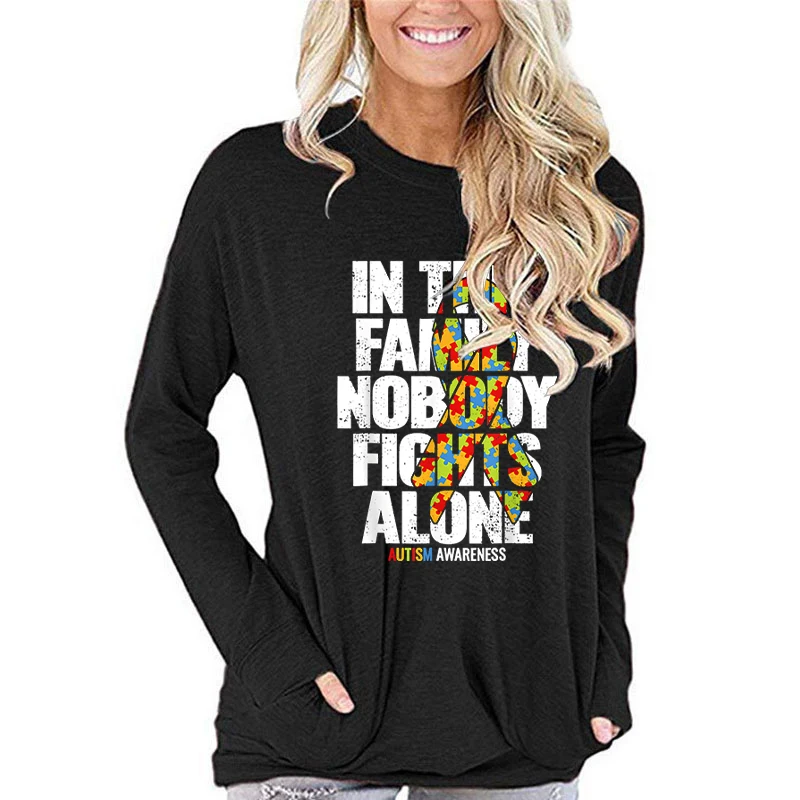 Nobody Fights Alone Autism Supporter Long Sleeve T-shirt Women Colorful Heart Autism Awareness Graphic Fall Long-sleeved T-shirt