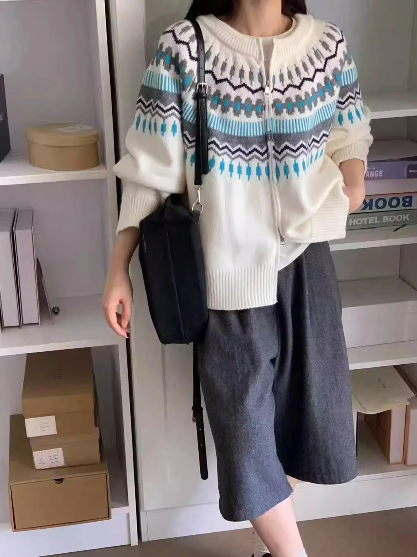 Nordic Sle Fair Isle Farbe Blo Stricken Pullover Mantel frauen Lose Weiche Winter Neue Ankunft Lange Sve runde Ne Zipper verschluss