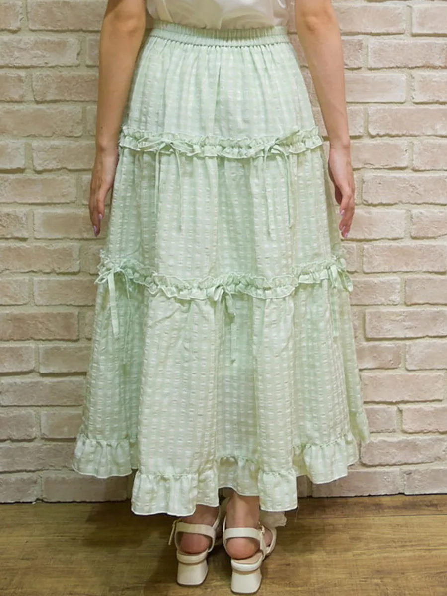 Słodka japońska spódnica w kratę z kokardą i wzorem ciasta, spódnica midi w kształcie litery A z średnim stanem dla młodych kobiet, Axes Femme