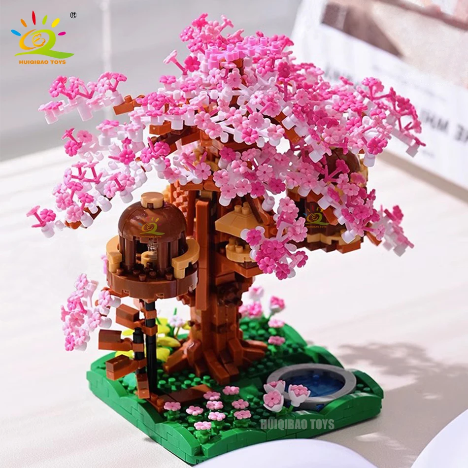 Bloques de construcción MOC para niños y adultos, juguete de ladrillos para armar casa del árbol rosa, flor de cerezo, modelo clásico, DIY, 1109 piezas