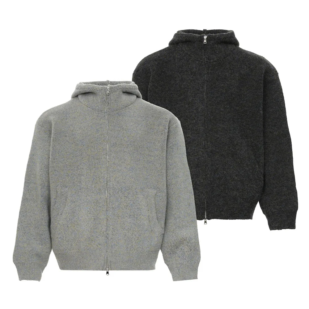 

Solid color loose versatile hooded high collar sweater jacket men's autumn and winter thick two-way zipper cardigan sweater