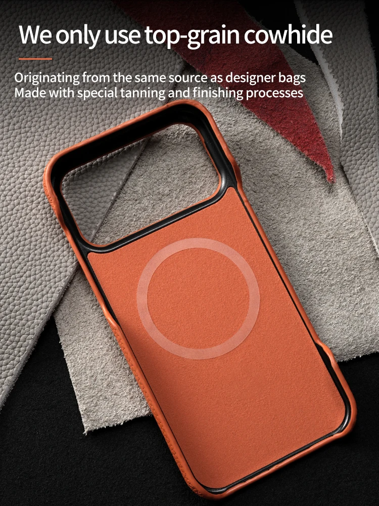 Etui z naturalnej skóry bydlęcej Lychee do iPhone'a 17 18 15 16 Pro Max z funkcją Magsafe, magnetyczny ochraniacz, luksusowa tylna obudowa telefonu. — zdjęcie produktu 5