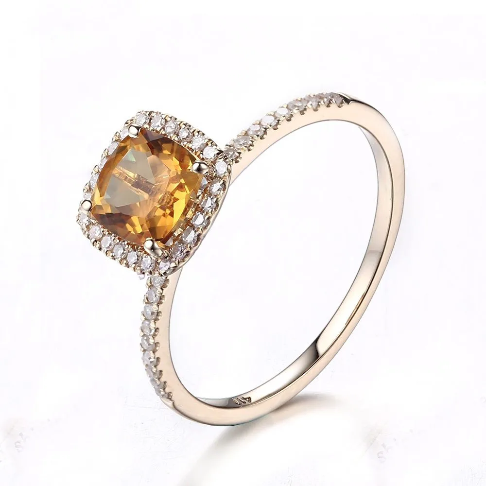 HELON Cushion 6mm Genuine Natural Citrine Solid 18K 14k 10k Yellow Gold Ring Real Diamonds Engagement Ring Women Trendy Jewelry