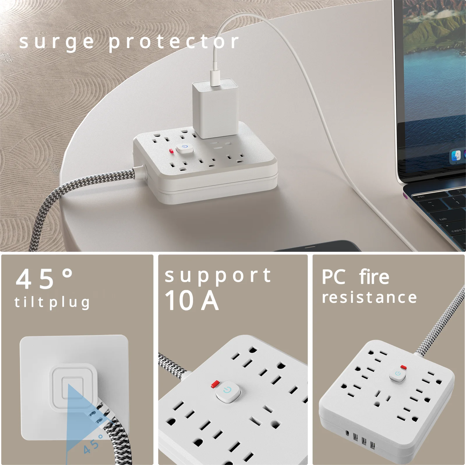 شريط طاقة 11 في 1 مع 7 مقابس تيار متردد و3 منافذ USB واتصال واحد من النوع C |   واقي من زيادة التيار وموسع متعدد المكونات، وجدار USB