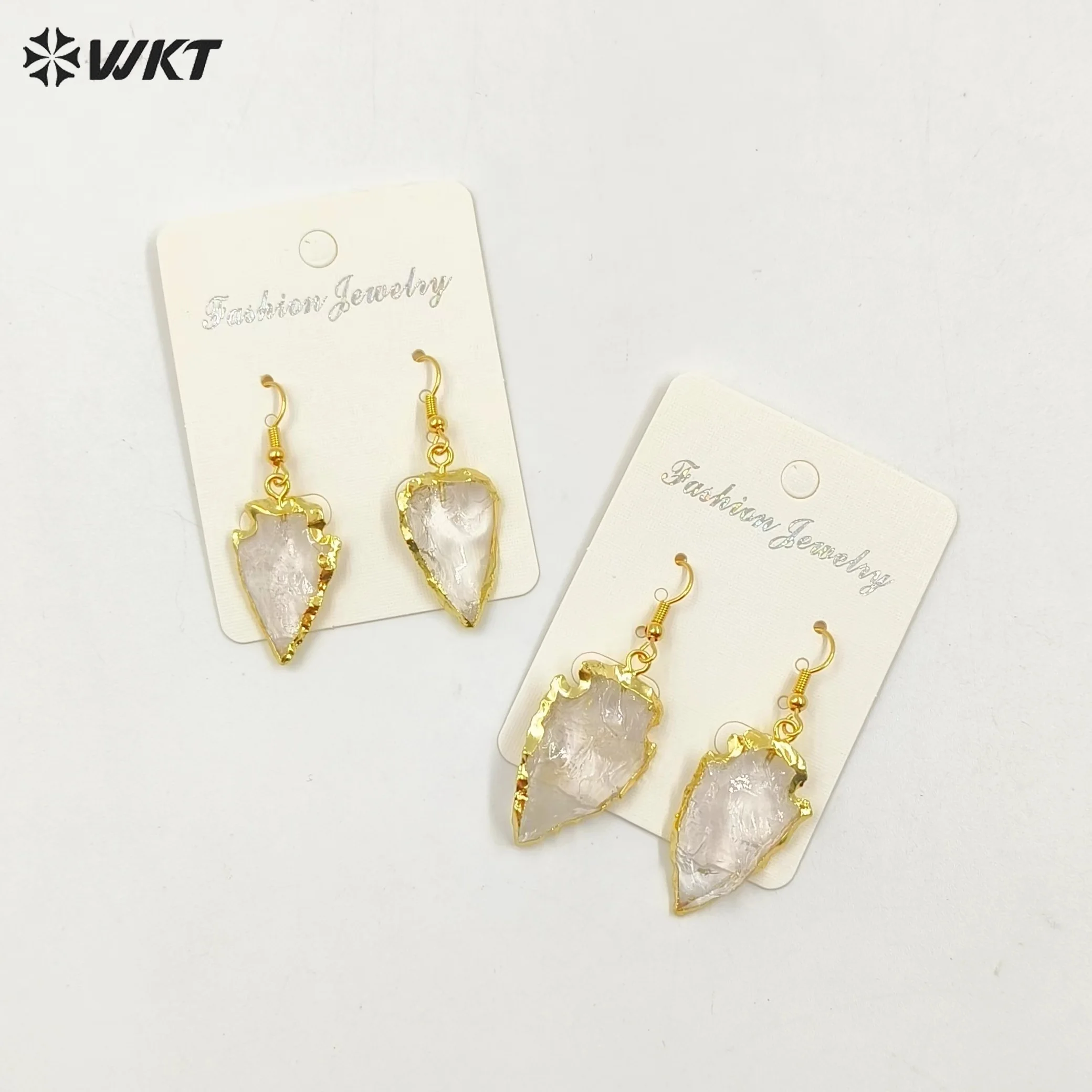 

WT-E111 Newest Wholesale Natural raw crystal quartz dangle earrings, fashion tiny rough crystal stone arrowhead earrings