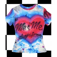 Millennium Hot Girl Hallucinogenic Heart Letter Print Short Sleeve T-Shirt Women's Fashion Summer Casual Polyester Fiber Crew Ne