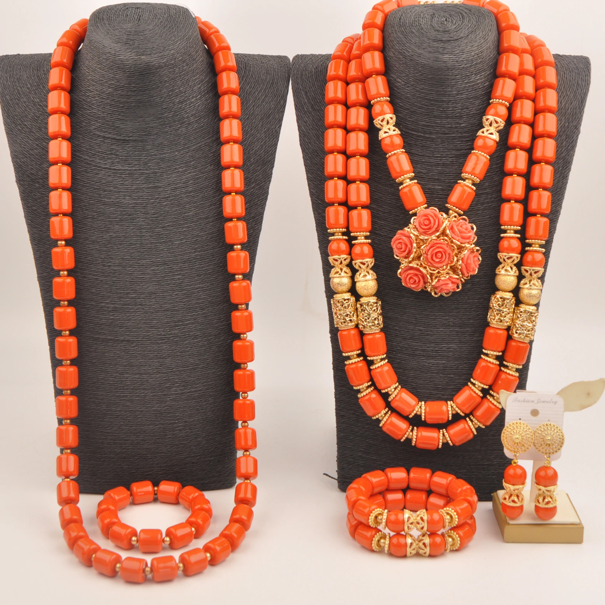 Fashionable African newlywed couple wedding jewelry beads Nigeria bride wedding imitation coral orange coral necklace set XIN-11