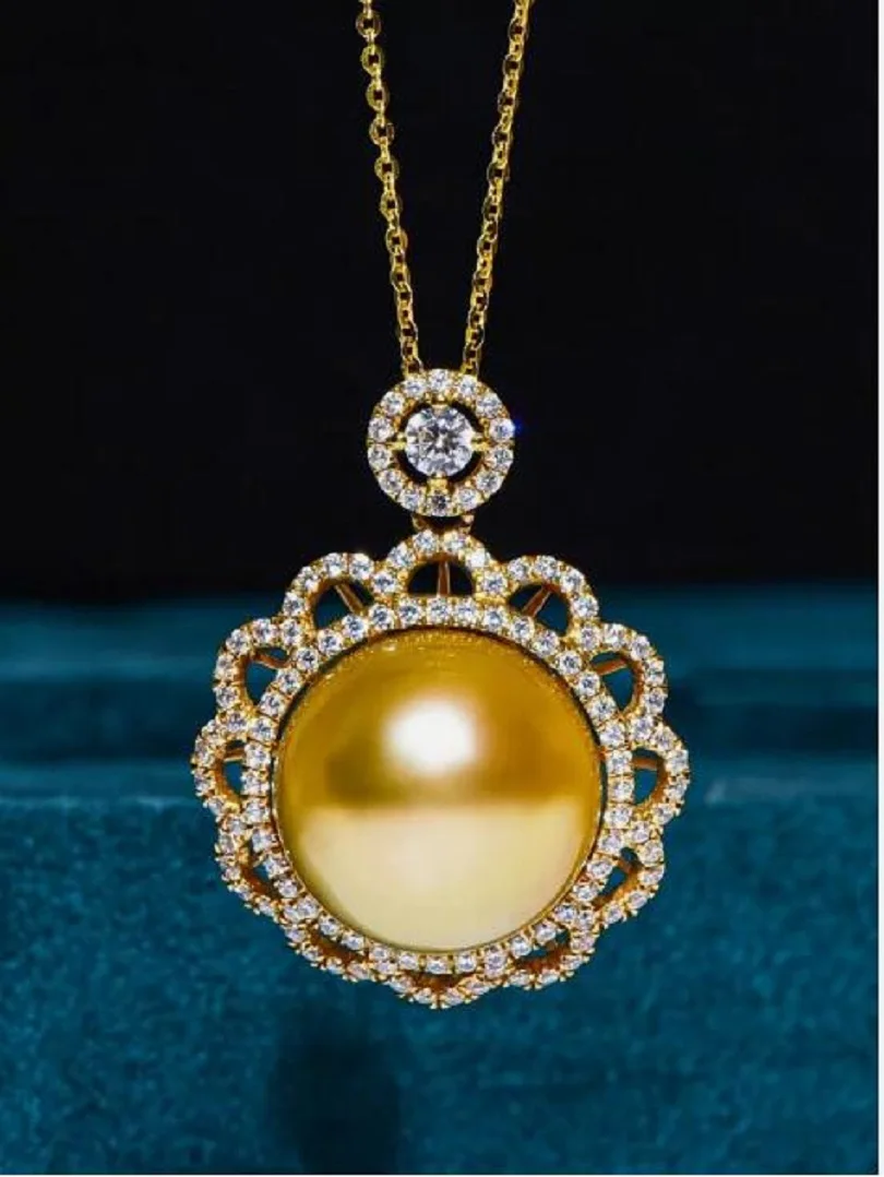 Fashion JewelryAAAAA 9-10mm south sea Golden stud pearl Pendant Necklace 925s