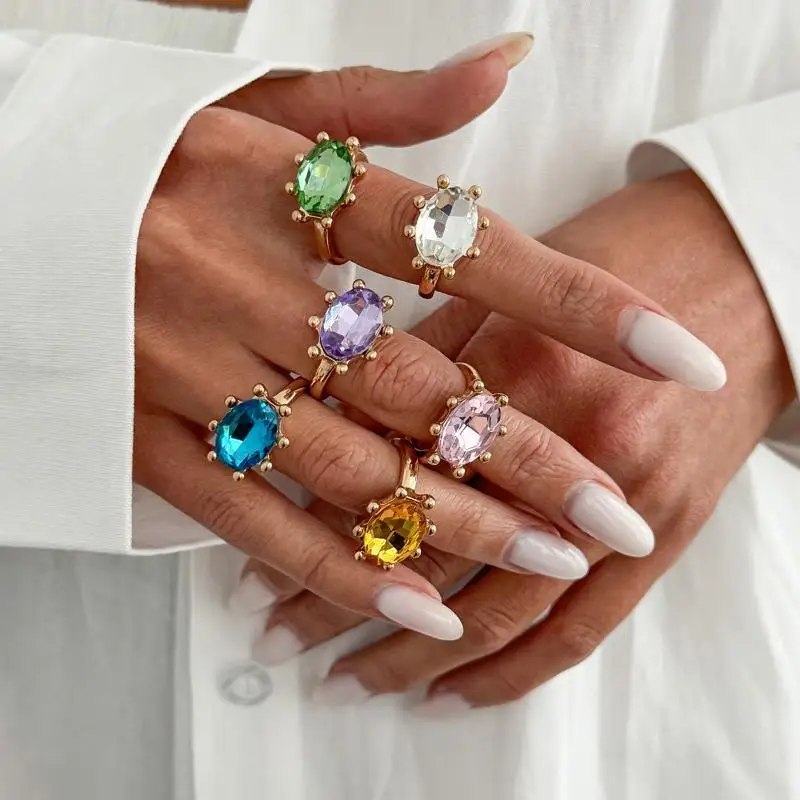 Personalized Colorful Rhinestone Adjustable Opening Ring Shiny Dainty Jewelry for Women Daily Wear Party Birthday Gift Personal