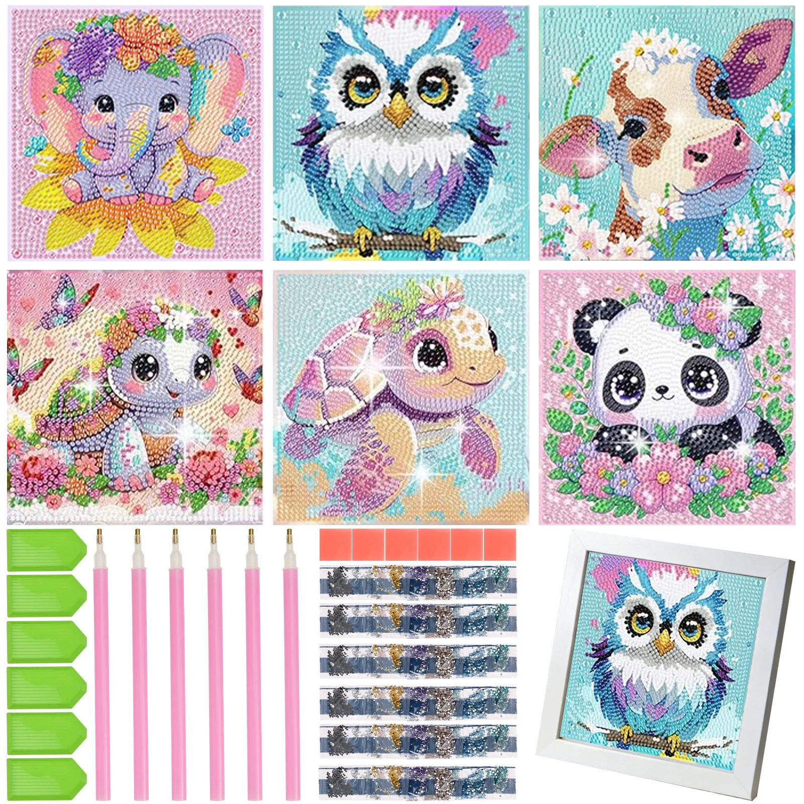 

6Pack Diamond Painting Kits for Kids Beginners Full Drill Cartoon Cute Animals Diamond Art Kits DIY Big Gem Art Home Wall Decor