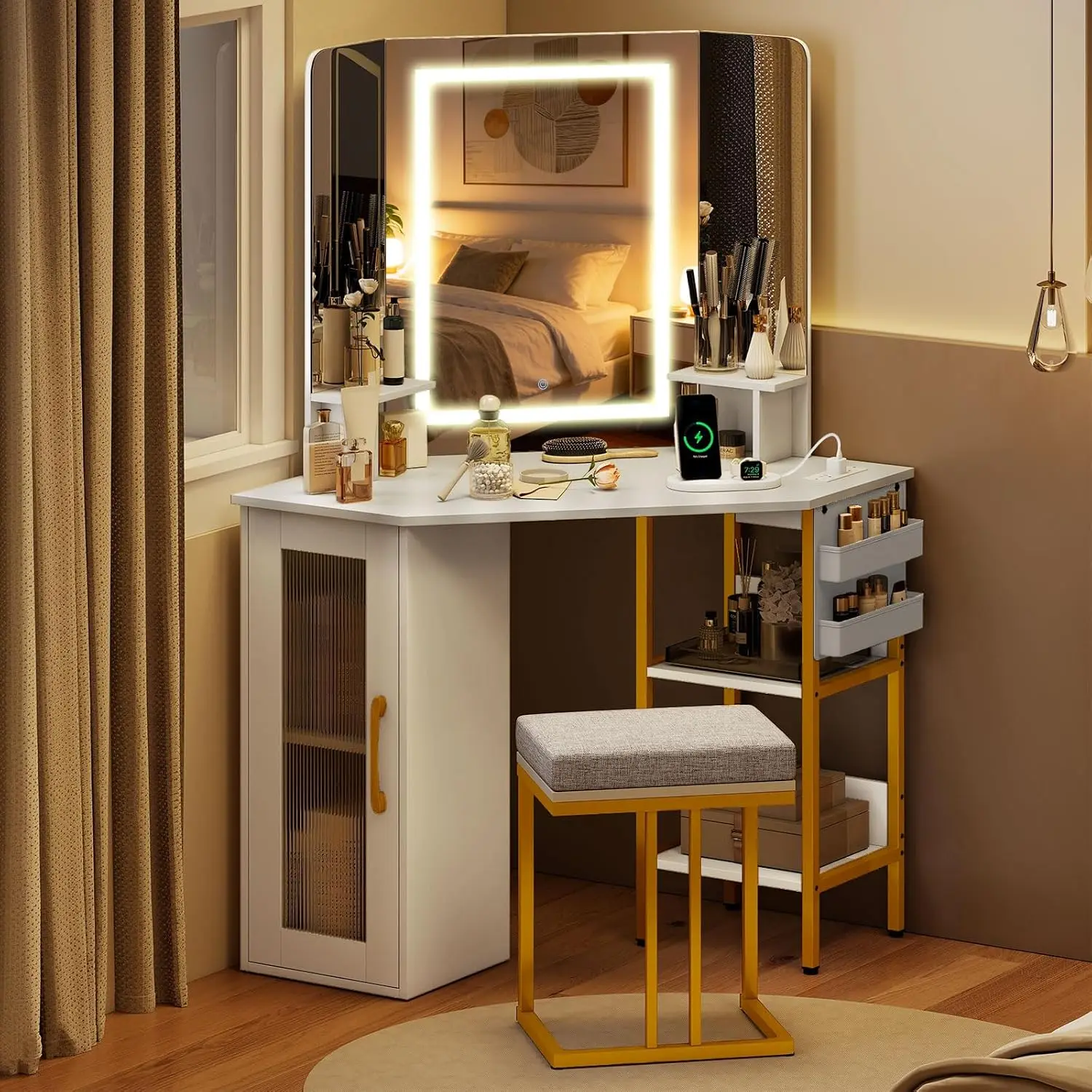 Triple Mirror | 3 Lighting Modes & Adjustable Brightness | Matching Chair Open Shelves & Cabinet 2 Fabric Bags